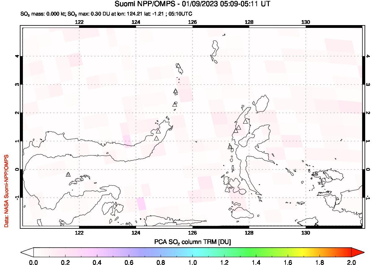 A sulfur dioxide image over Northern Sulawesi & Halmahera, Indonesia on Jan 09, 2023.