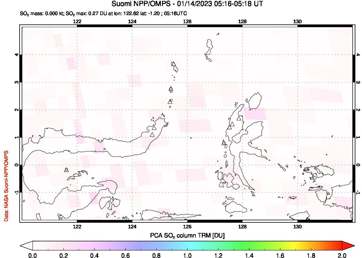A sulfur dioxide image over Northern Sulawesi & Halmahera, Indonesia on Jan 14, 2023.