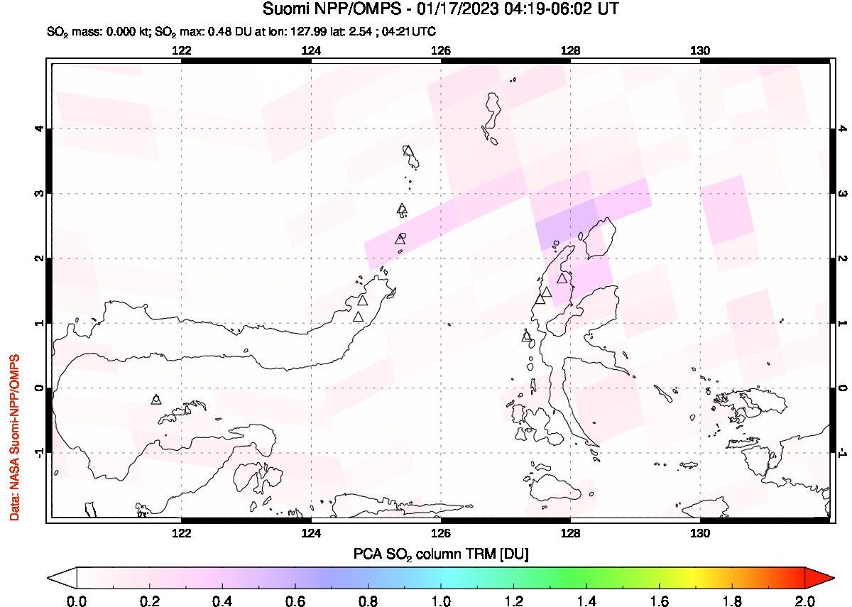 A sulfur dioxide image over Northern Sulawesi & Halmahera, Indonesia on Jan 17, 2023.
