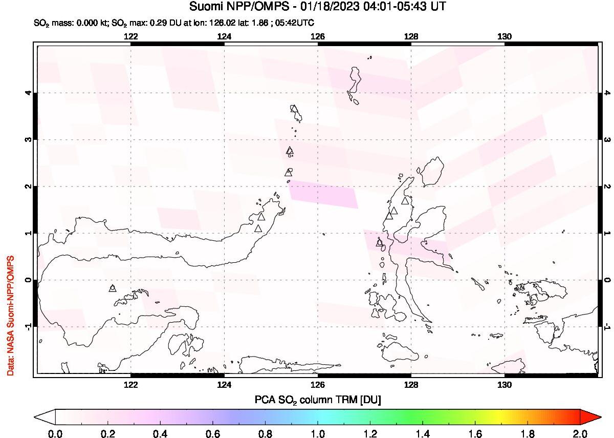 A sulfur dioxide image over Northern Sulawesi & Halmahera, Indonesia on Jan 18, 2023.