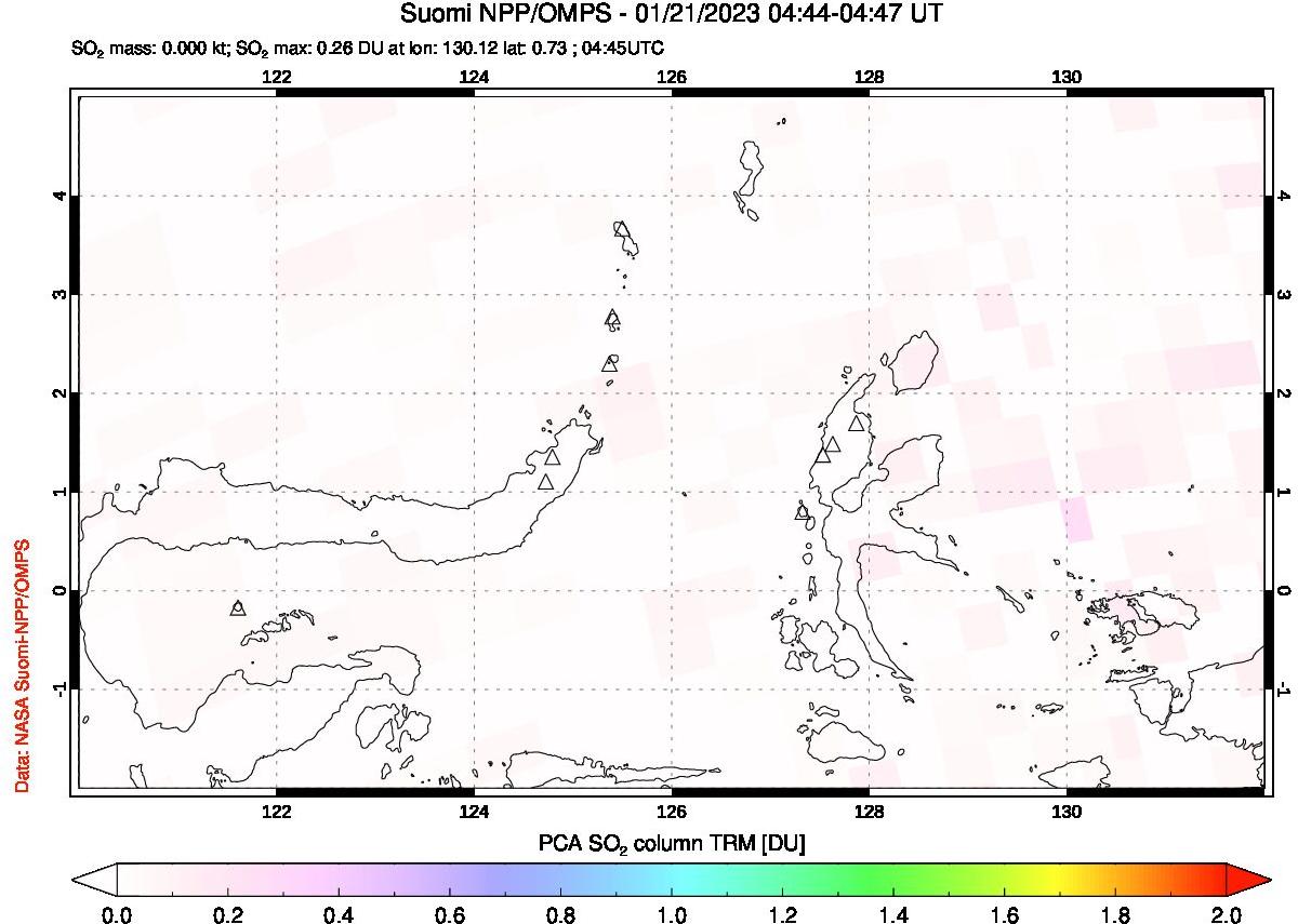 A sulfur dioxide image over Northern Sulawesi & Halmahera, Indonesia on Jan 21, 2023.