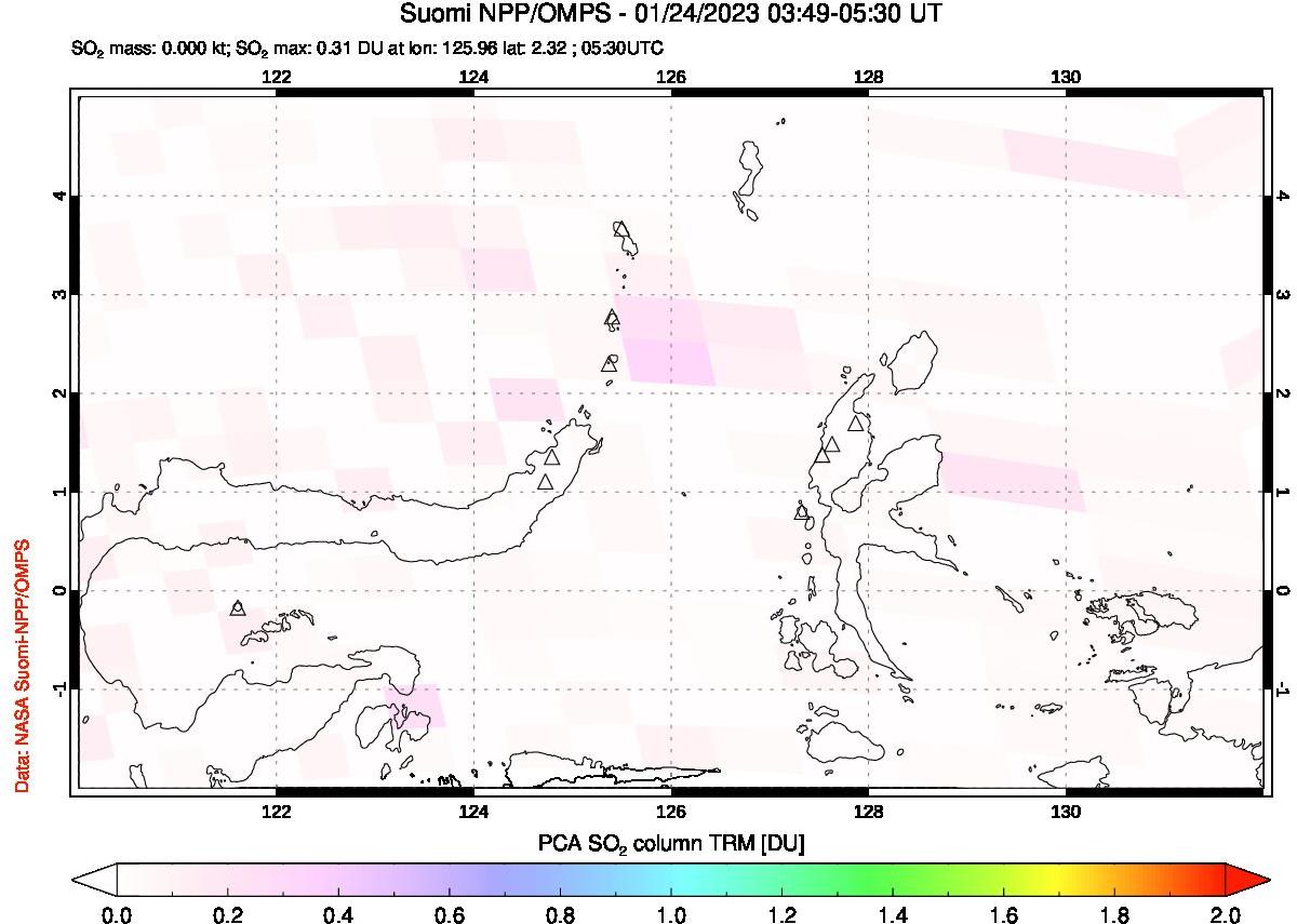 A sulfur dioxide image over Northern Sulawesi & Halmahera, Indonesia on Jan 24, 2023.