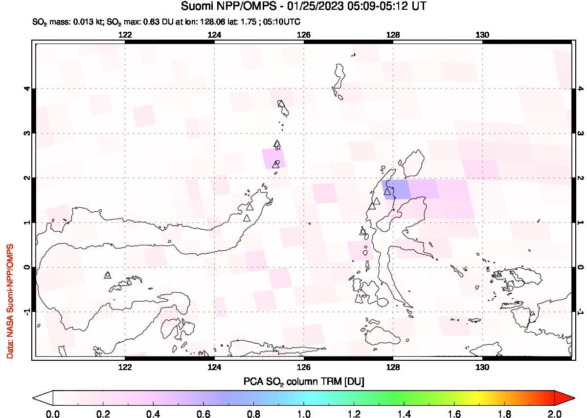 A sulfur dioxide image over Northern Sulawesi & Halmahera, Indonesia on Jan 25, 2023.