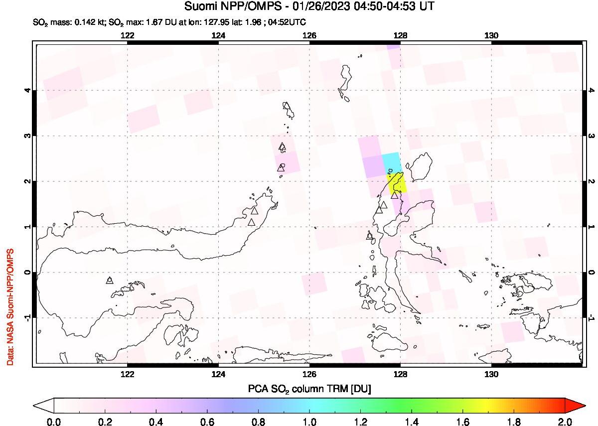 A sulfur dioxide image over Northern Sulawesi & Halmahera, Indonesia on Jan 26, 2023.