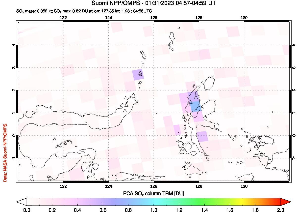 A sulfur dioxide image over Northern Sulawesi & Halmahera, Indonesia on Jan 31, 2023.