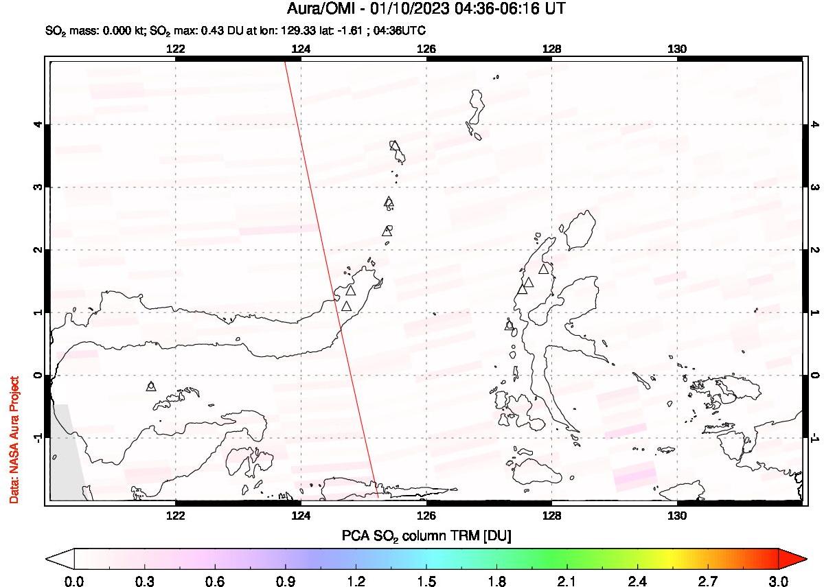 A sulfur dioxide image over Northern Sulawesi & Halmahera, Indonesia on Jan 10, 2023.