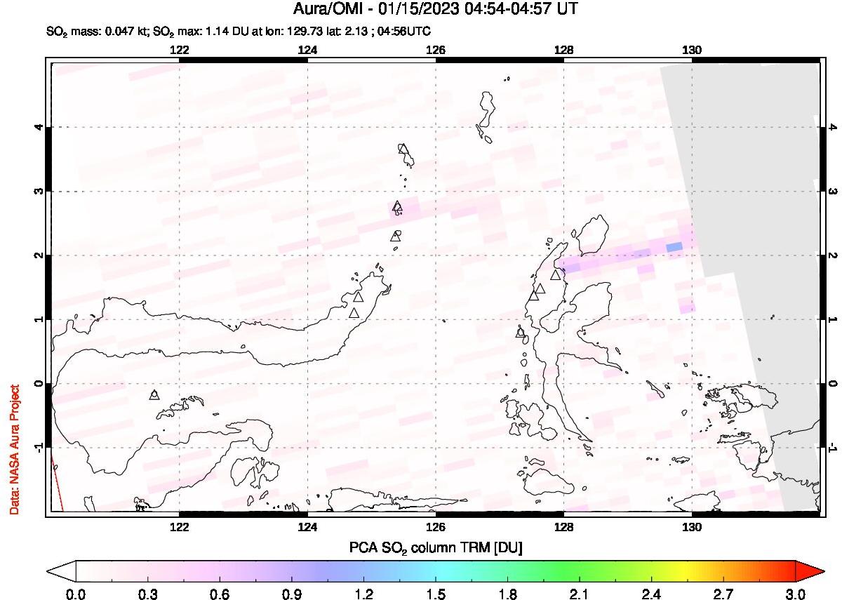 A sulfur dioxide image over Northern Sulawesi & Halmahera, Indonesia on Jan 15, 2023.