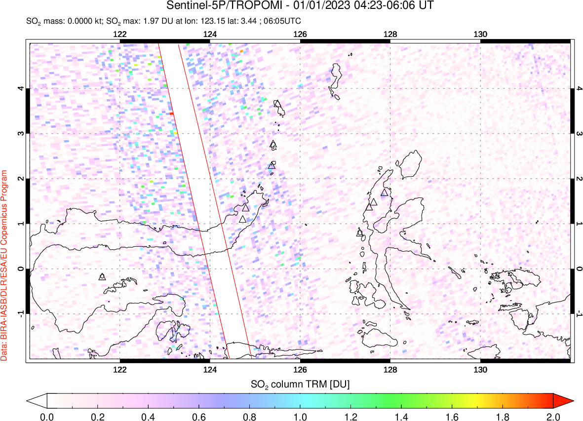 A sulfur dioxide image over Northern Sulawesi & Halmahera, Indonesia on Jan 01, 2023.