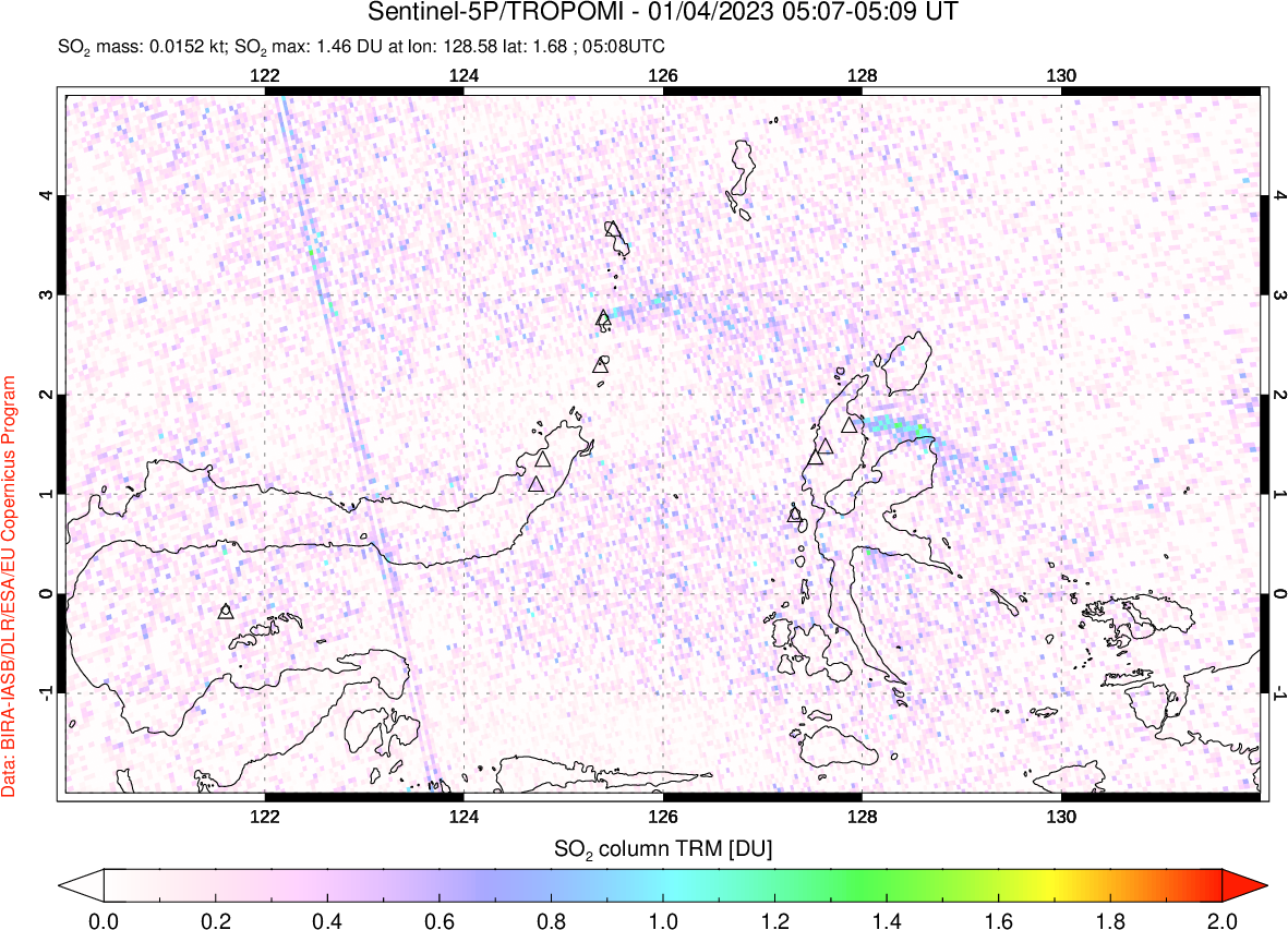 A sulfur dioxide image over Northern Sulawesi & Halmahera, Indonesia on Jan 04, 2023.