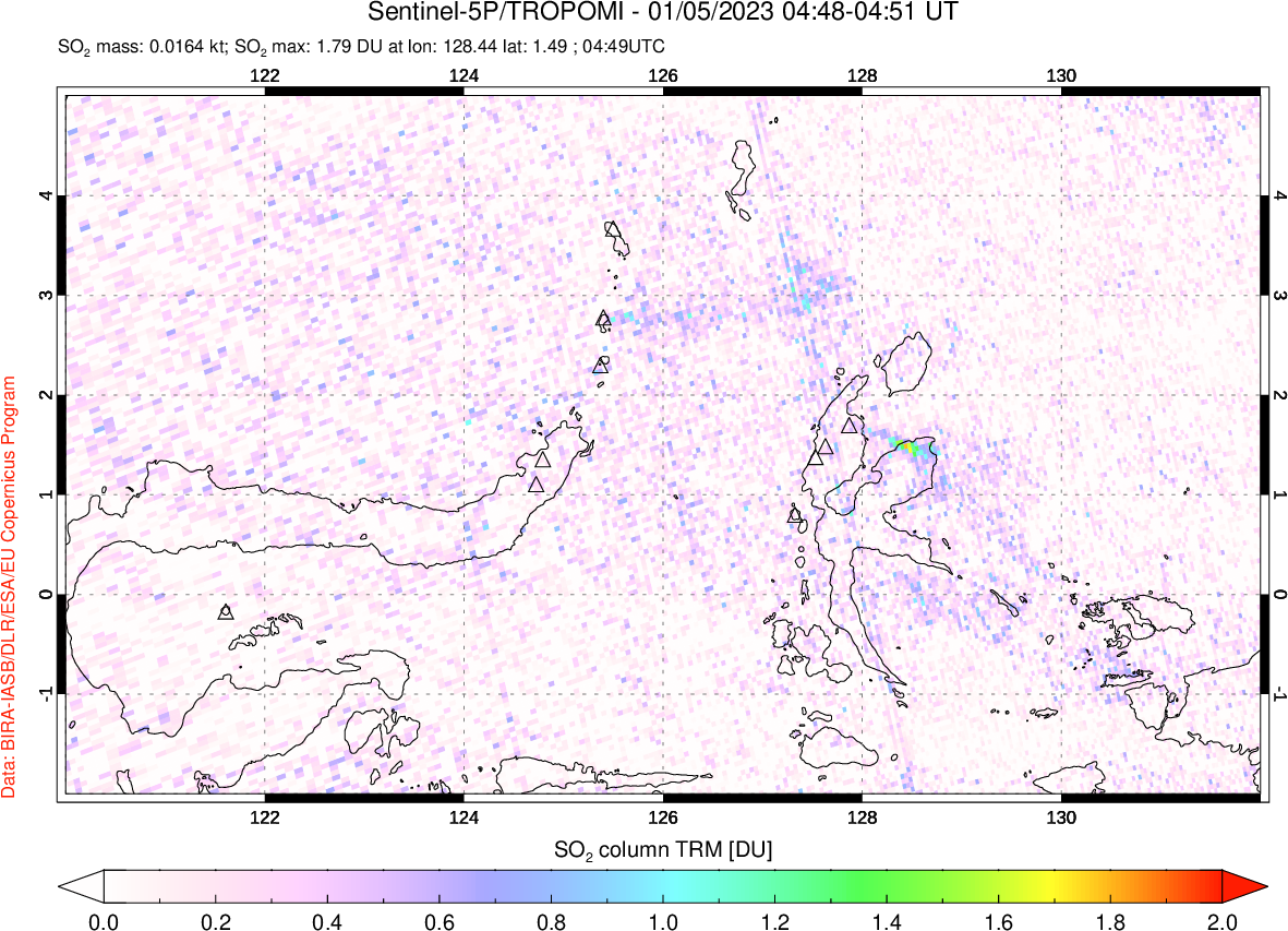 A sulfur dioxide image over Northern Sulawesi & Halmahera, Indonesia on Jan 05, 2023.