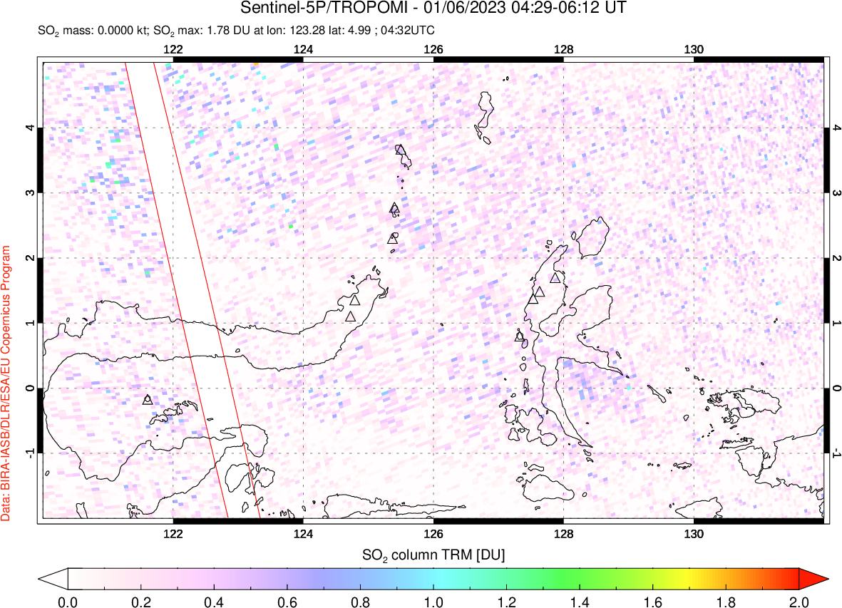A sulfur dioxide image over Northern Sulawesi & Halmahera, Indonesia on Jan 06, 2023.