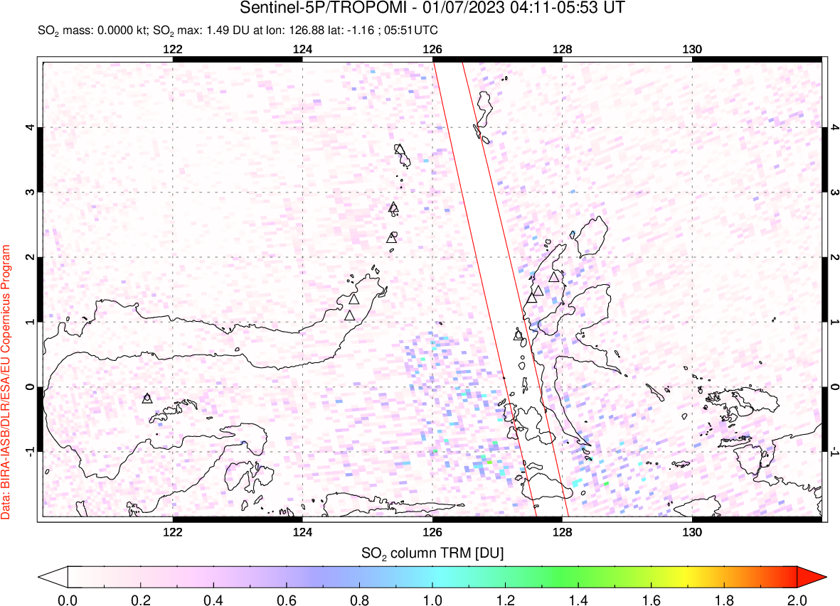 A sulfur dioxide image over Northern Sulawesi & Halmahera, Indonesia on Jan 07, 2023.