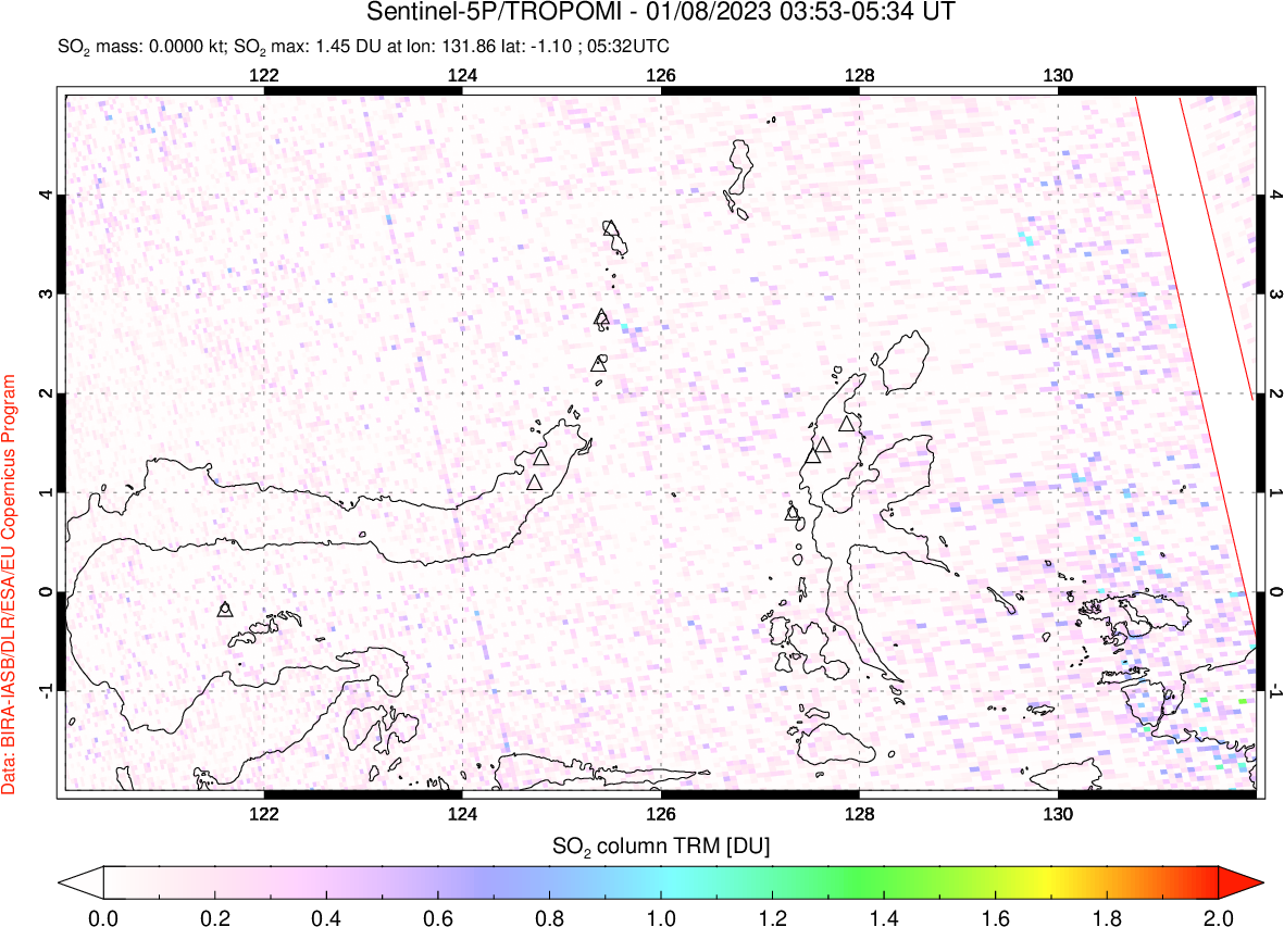 A sulfur dioxide image over Northern Sulawesi & Halmahera, Indonesia on Jan 08, 2023.