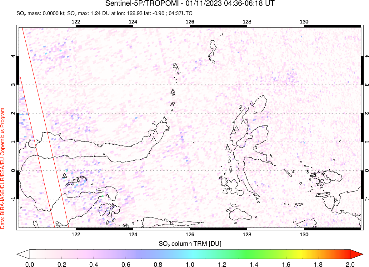 A sulfur dioxide image over Northern Sulawesi & Halmahera, Indonesia on Jan 11, 2023.