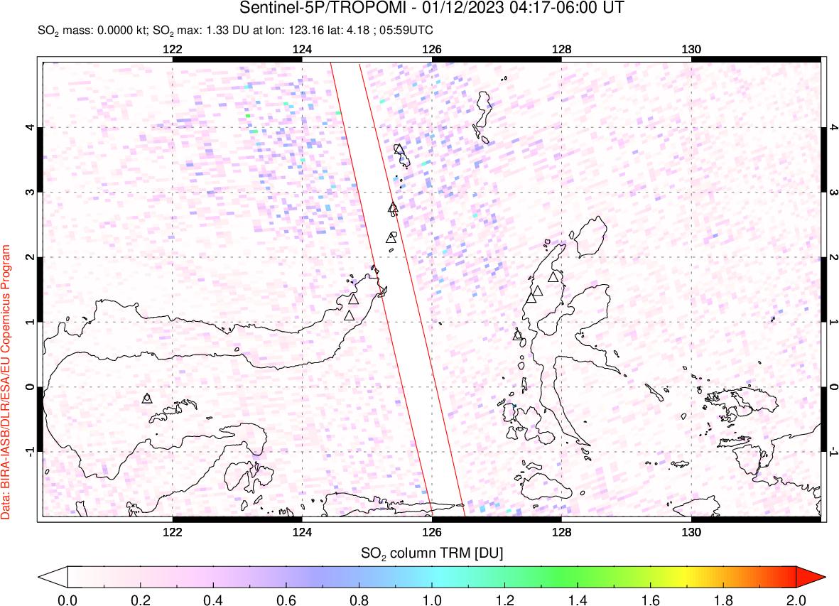 A sulfur dioxide image over Northern Sulawesi & Halmahera, Indonesia on Jan 12, 2023.