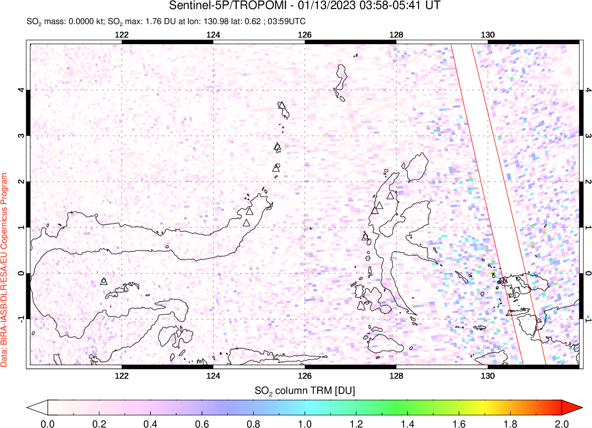 A sulfur dioxide image over Northern Sulawesi & Halmahera, Indonesia on Jan 13, 2023.