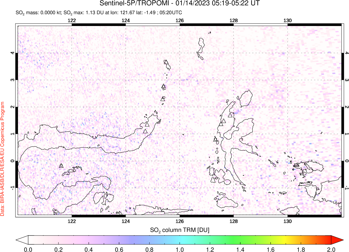 A sulfur dioxide image over Northern Sulawesi & Halmahera, Indonesia on Jan 14, 2023.
