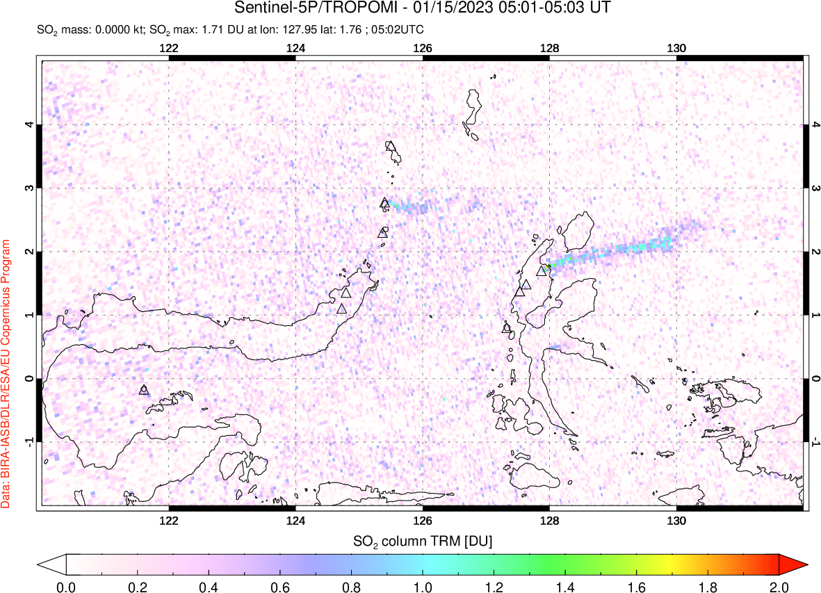A sulfur dioxide image over Northern Sulawesi & Halmahera, Indonesia on Jan 15, 2023.