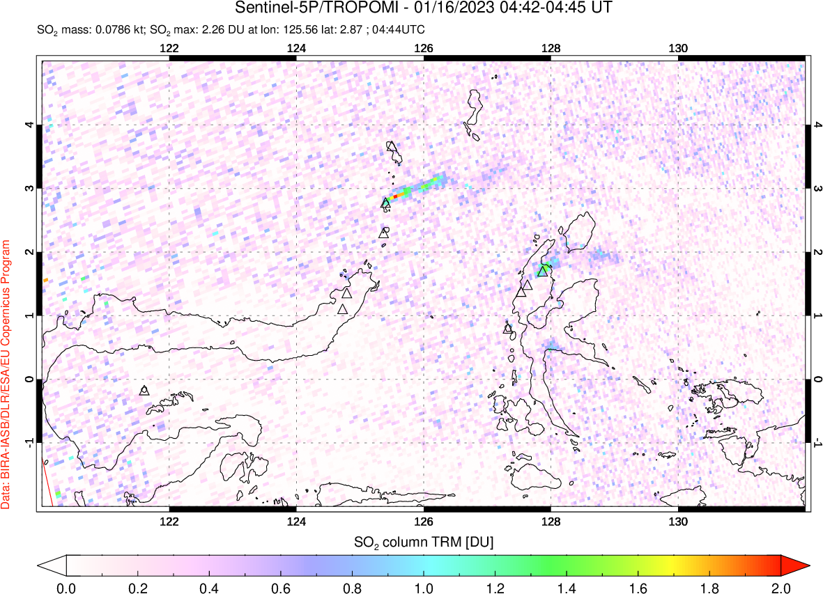 A sulfur dioxide image over Northern Sulawesi & Halmahera, Indonesia on Jan 16, 2023.