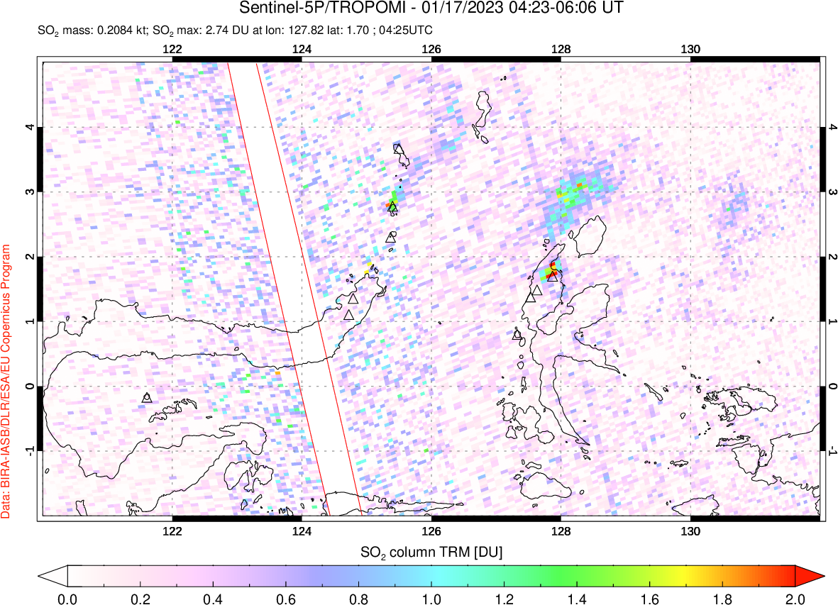 A sulfur dioxide image over Northern Sulawesi & Halmahera, Indonesia on Jan 17, 2023.