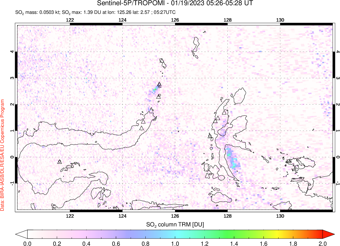 A sulfur dioxide image over Northern Sulawesi & Halmahera, Indonesia on Jan 19, 2023.