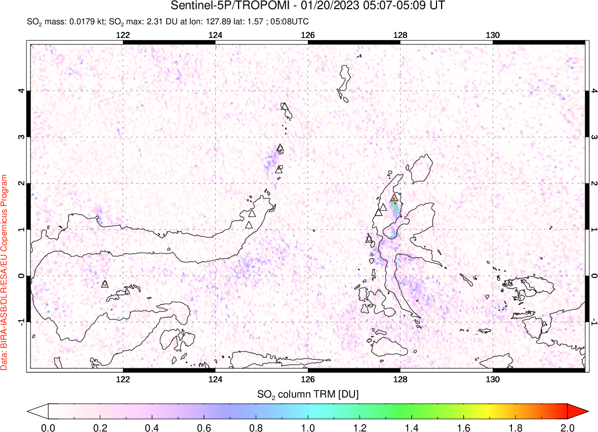 A sulfur dioxide image over Northern Sulawesi & Halmahera, Indonesia on Jan 20, 2023.