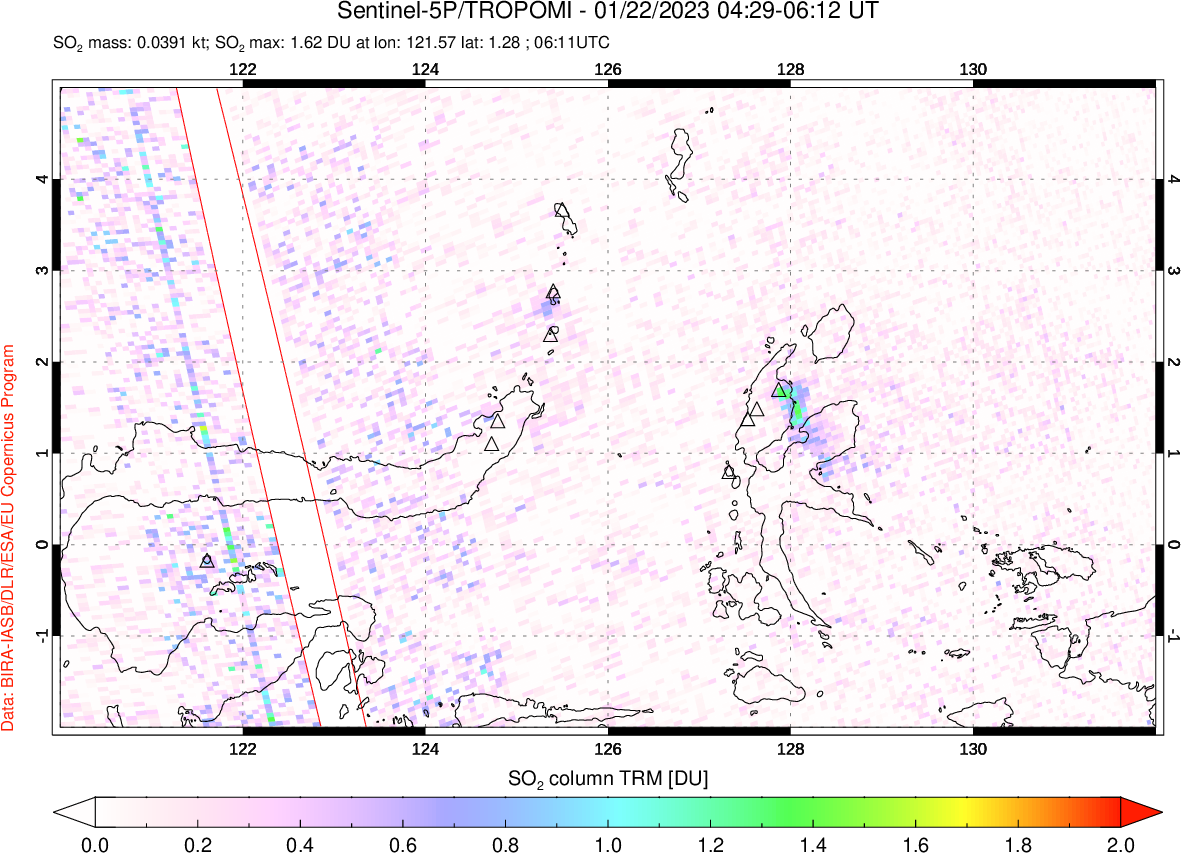 A sulfur dioxide image over Northern Sulawesi & Halmahera, Indonesia on Jan 22, 2023.