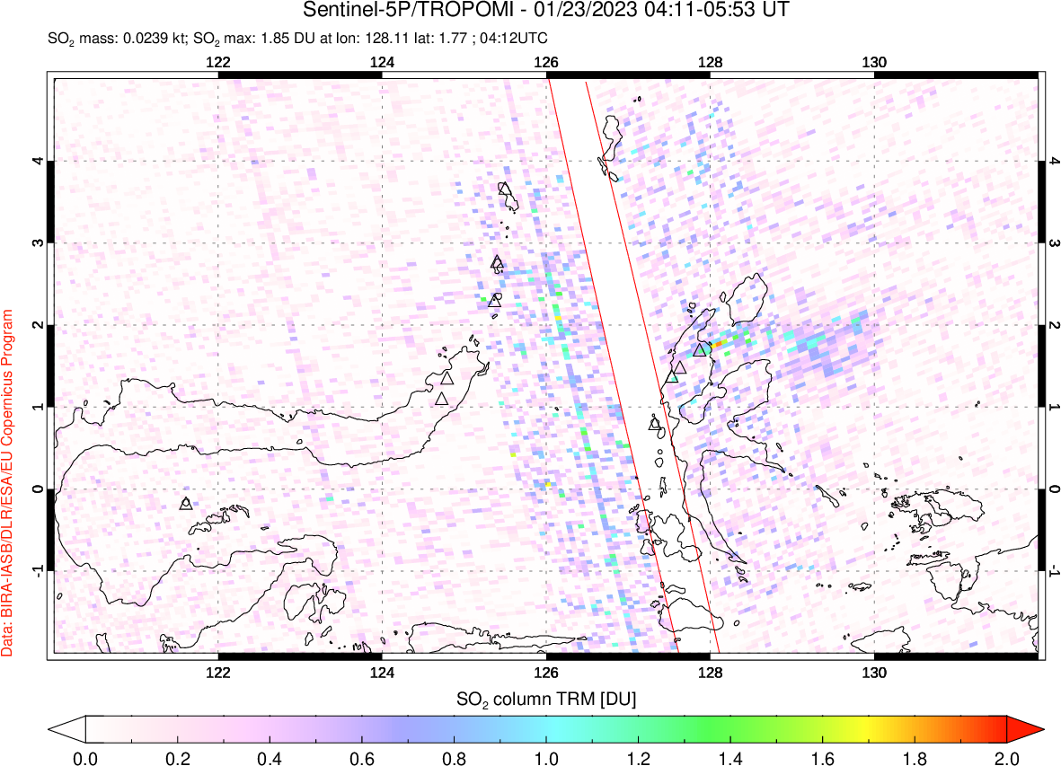 A sulfur dioxide image over Northern Sulawesi & Halmahera, Indonesia on Jan 23, 2023.