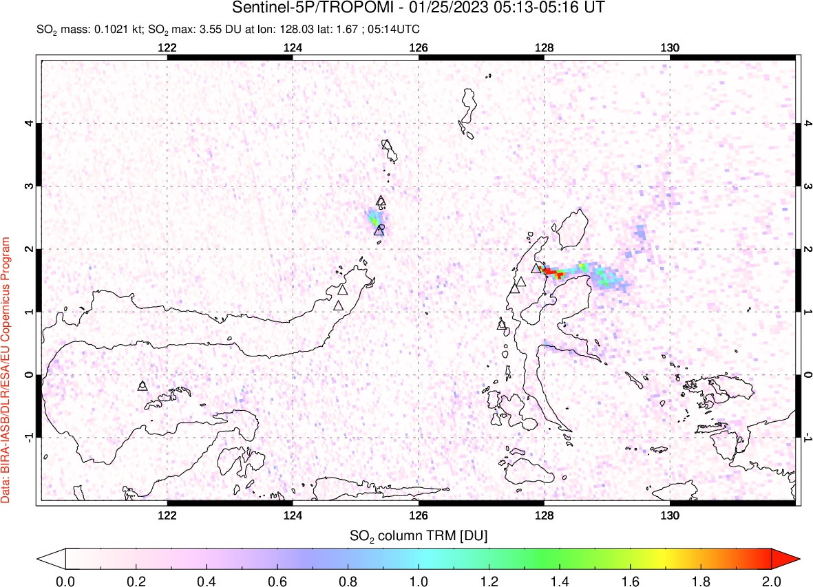 A sulfur dioxide image over Northern Sulawesi & Halmahera, Indonesia on Jan 25, 2023.
