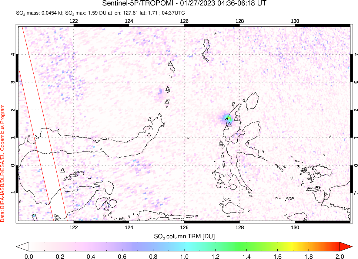 A sulfur dioxide image over Northern Sulawesi & Halmahera, Indonesia on Jan 27, 2023.