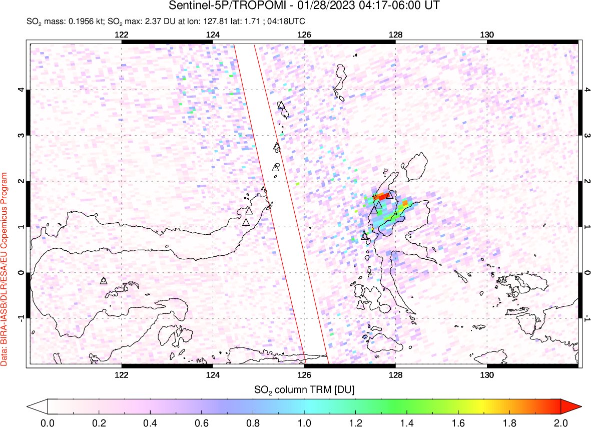 A sulfur dioxide image over Northern Sulawesi & Halmahera, Indonesia on Jan 28, 2023.