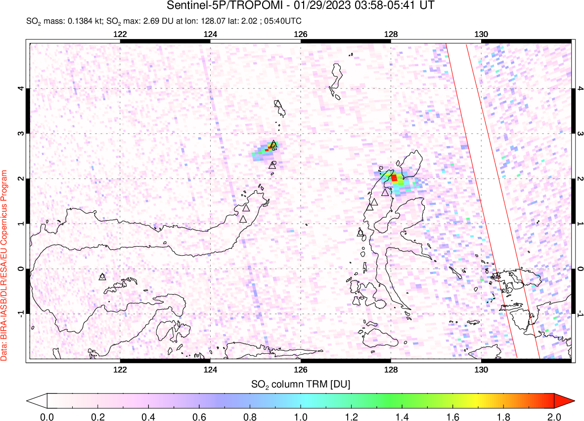 A sulfur dioxide image over Northern Sulawesi & Halmahera, Indonesia on Jan 29, 2023.