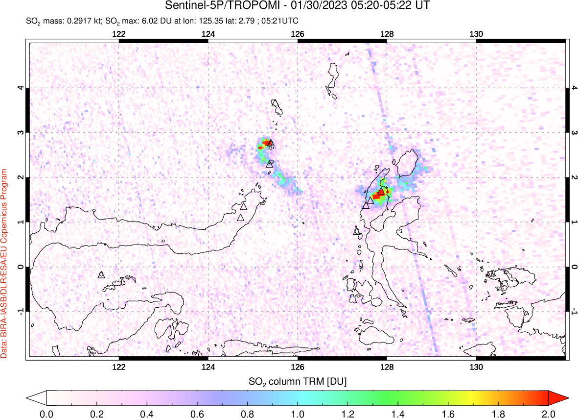 A sulfur dioxide image over Northern Sulawesi & Halmahera, Indonesia on Jan 30, 2023.