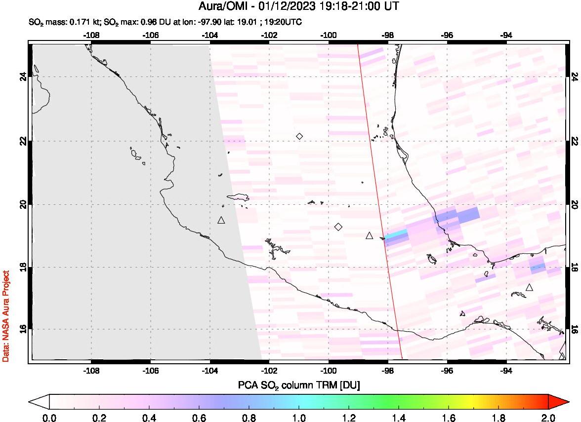 A sulfur dioxide image over Mexico on Jan 12, 2023.