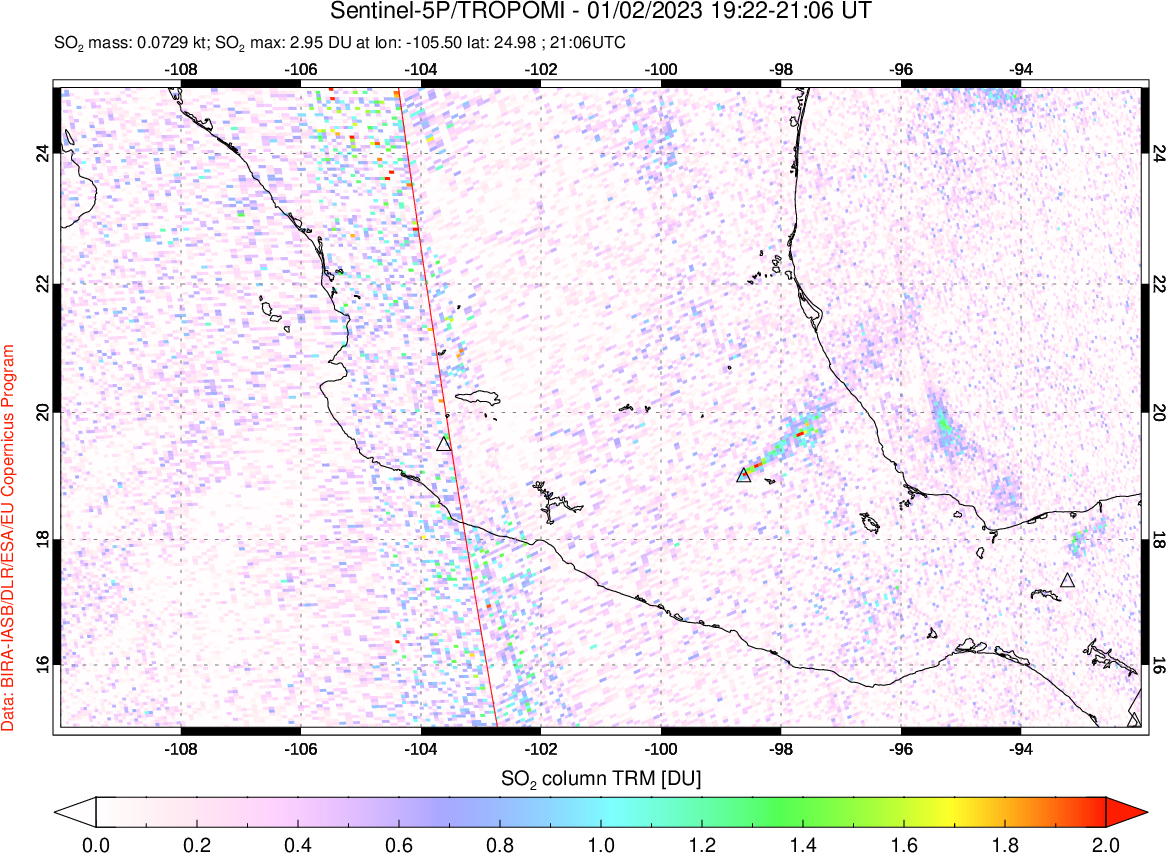 A sulfur dioxide image over Mexico on Jan 02, 2023.
