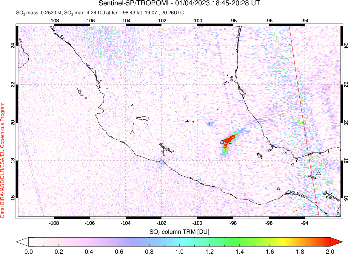 A sulfur dioxide image over Mexico on Jan 04, 2023.