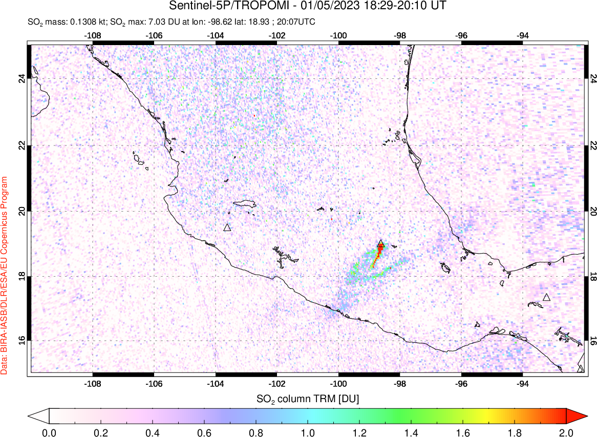 A sulfur dioxide image over Mexico on Jan 05, 2023.