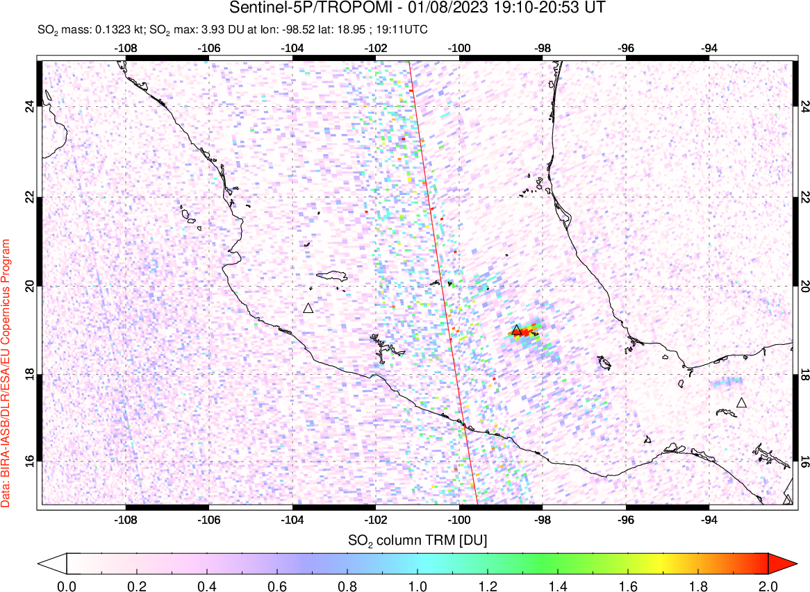 A sulfur dioxide image over Mexico on Jan 08, 2023.