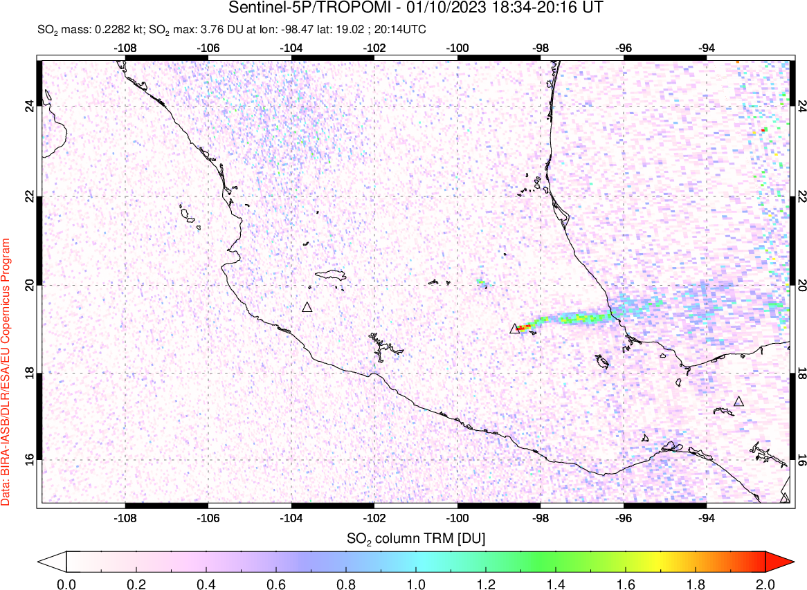 A sulfur dioxide image over Mexico on Jan 10, 2023.