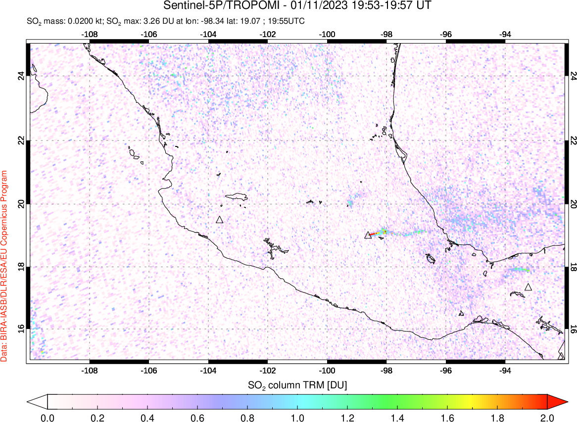 A sulfur dioxide image over Mexico on Jan 11, 2023.