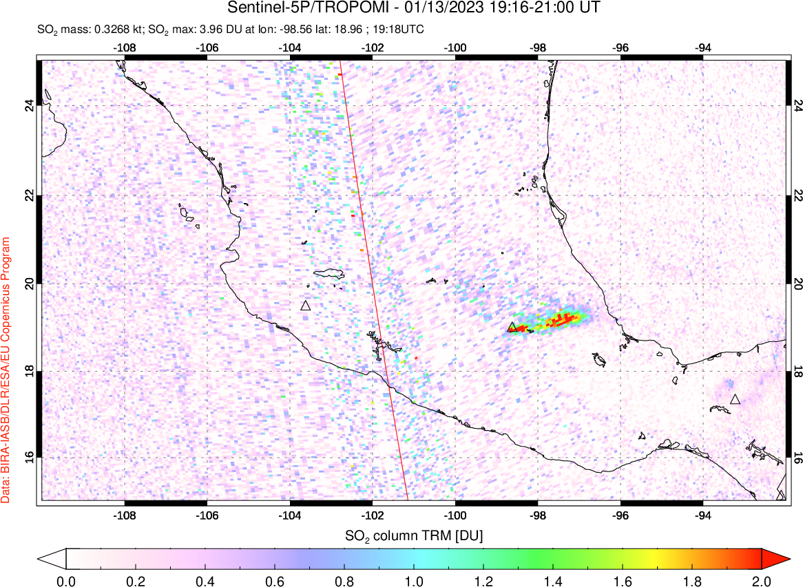 A sulfur dioxide image over Mexico on Jan 13, 2023.