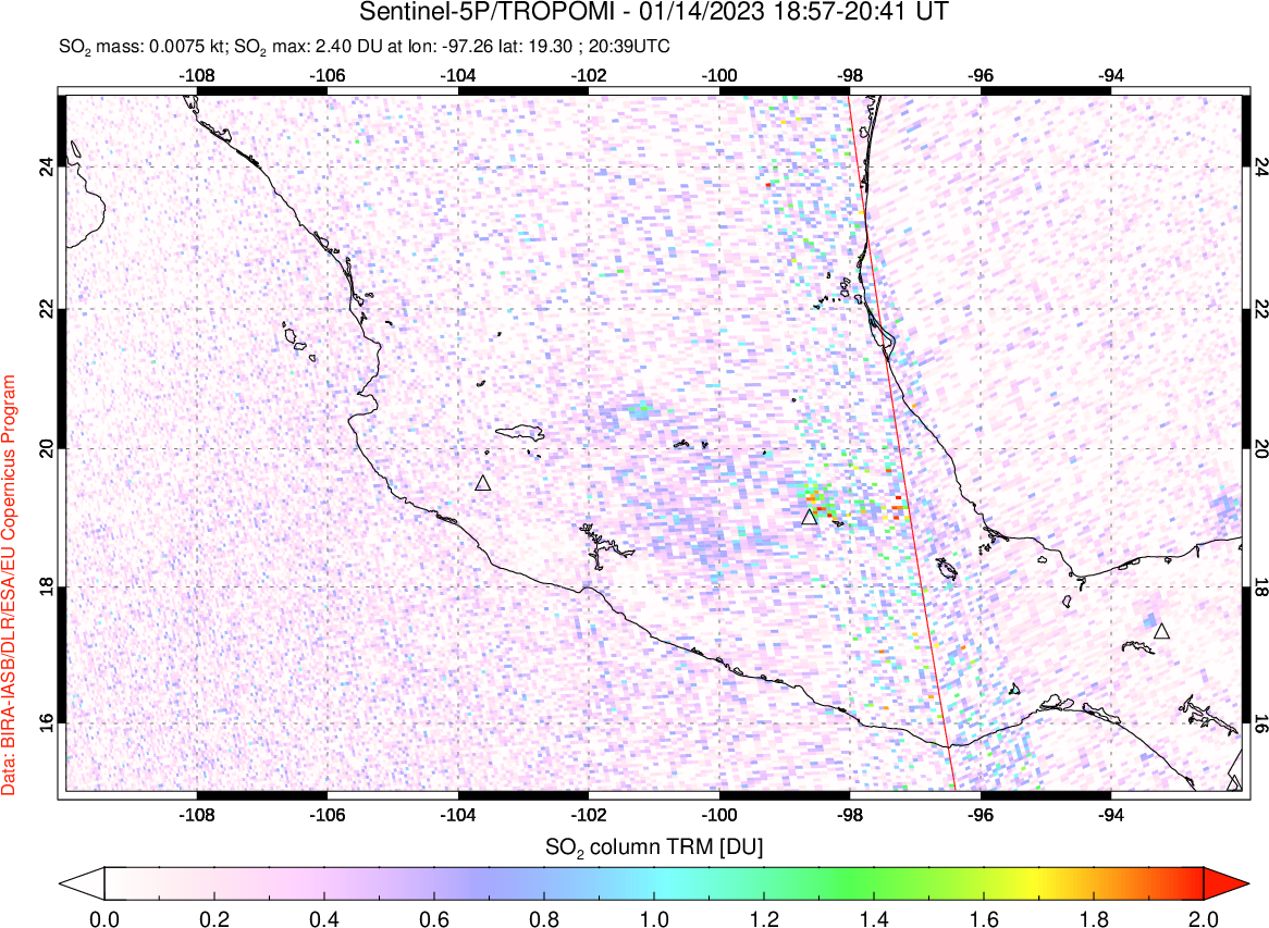 A sulfur dioxide image over Mexico on Jan 14, 2023.