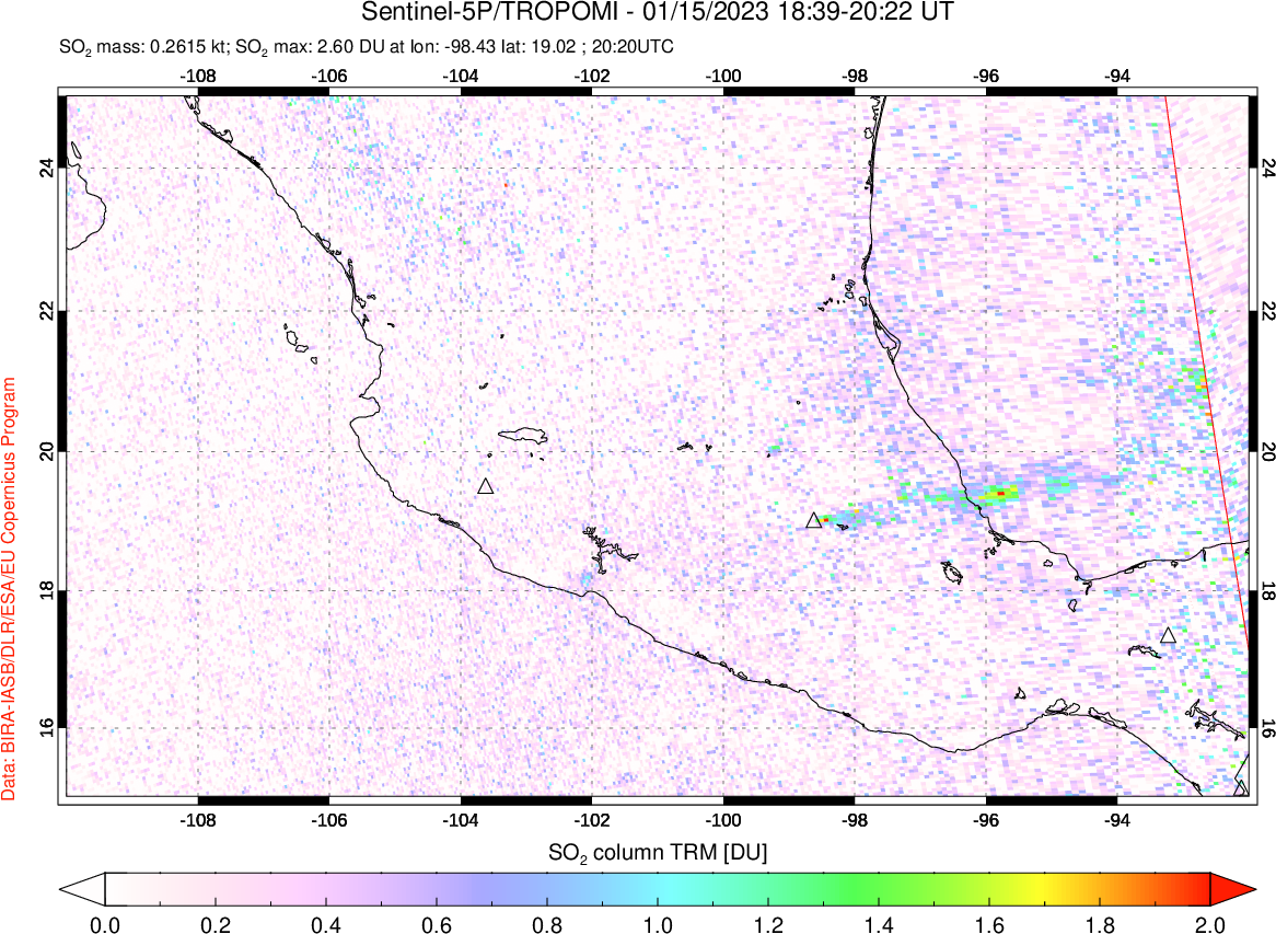 A sulfur dioxide image over Mexico on Jan 15, 2023.
