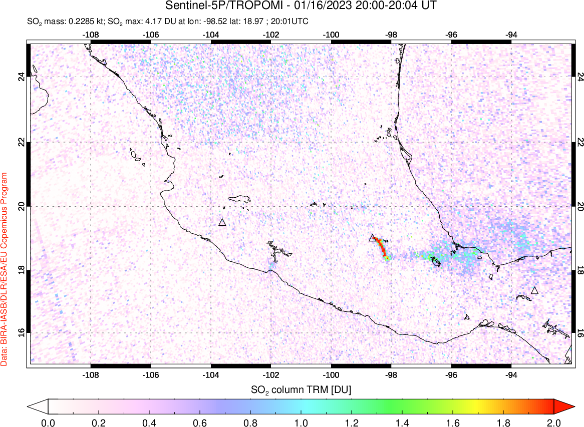 A sulfur dioxide image over Mexico on Jan 16, 2023.