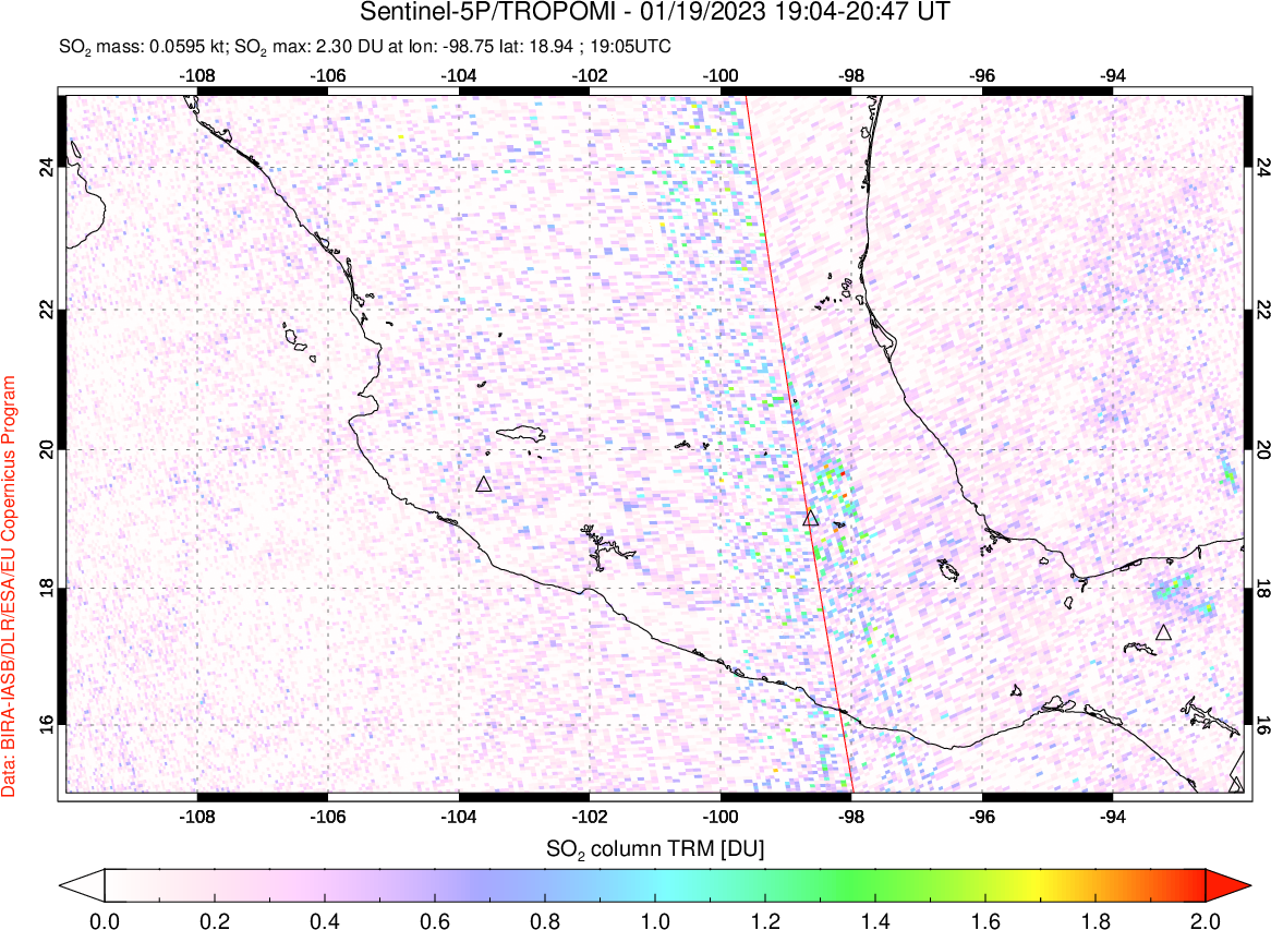 A sulfur dioxide image over Mexico on Jan 19, 2023.