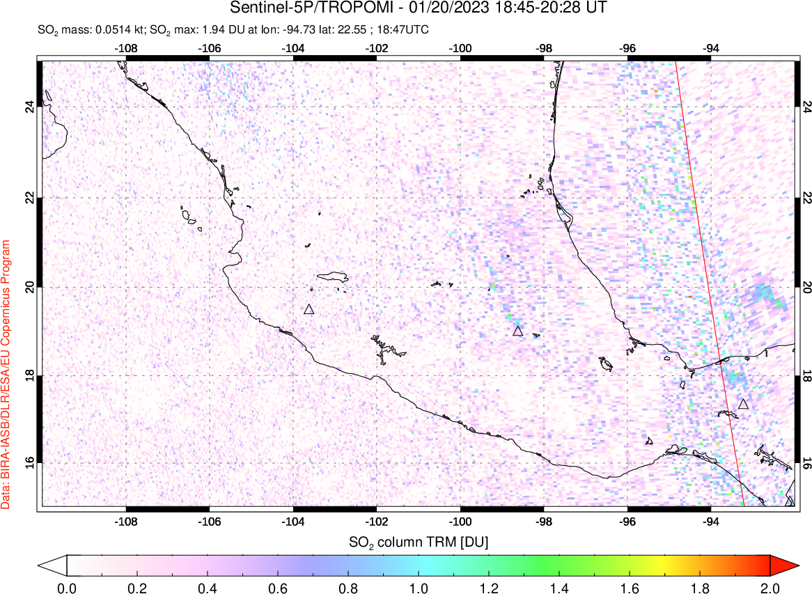 A sulfur dioxide image over Mexico on Jan 20, 2023.