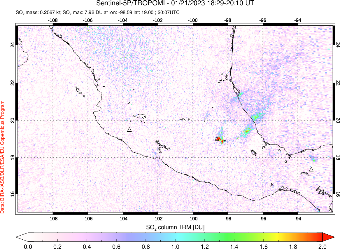 A sulfur dioxide image over Mexico on Jan 21, 2023.