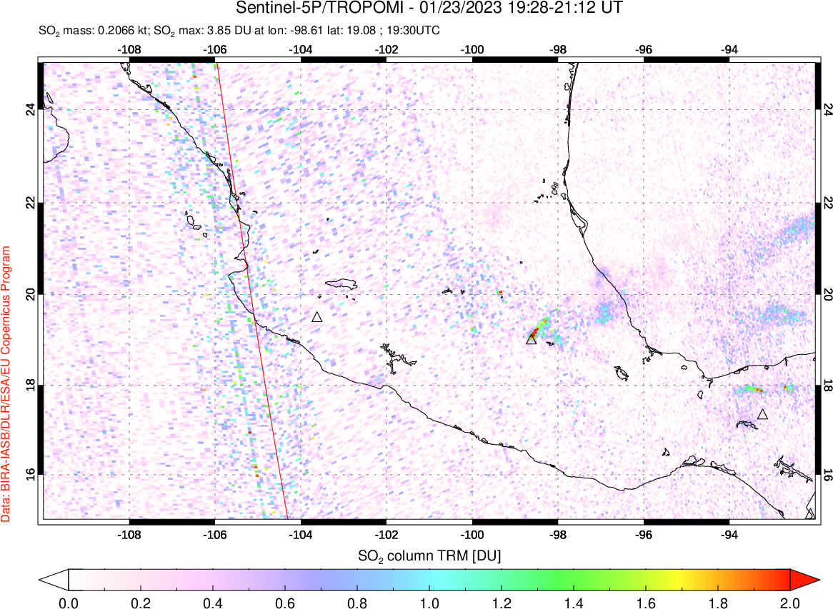 A sulfur dioxide image over Mexico on Jan 23, 2023.