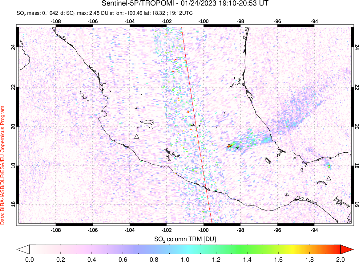 A sulfur dioxide image over Mexico on Jan 24, 2023.