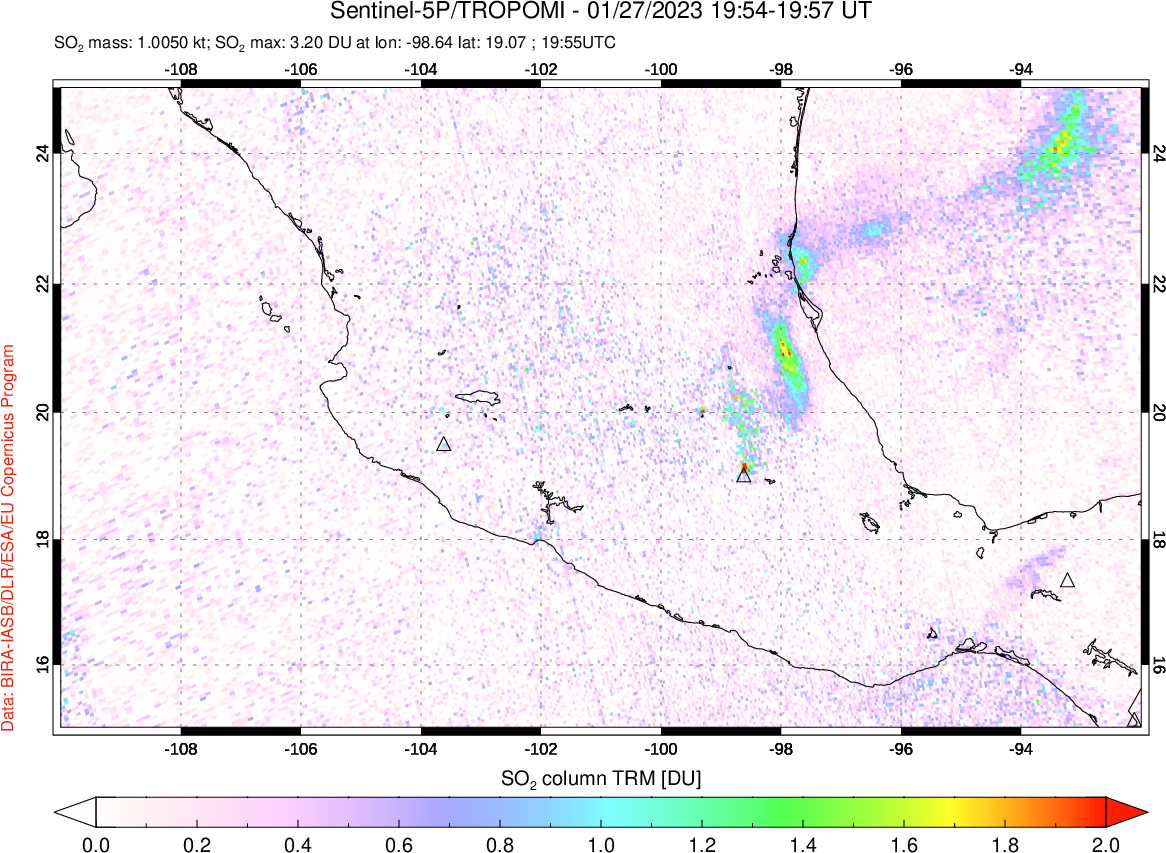 A sulfur dioxide image over Mexico on Jan 27, 2023.